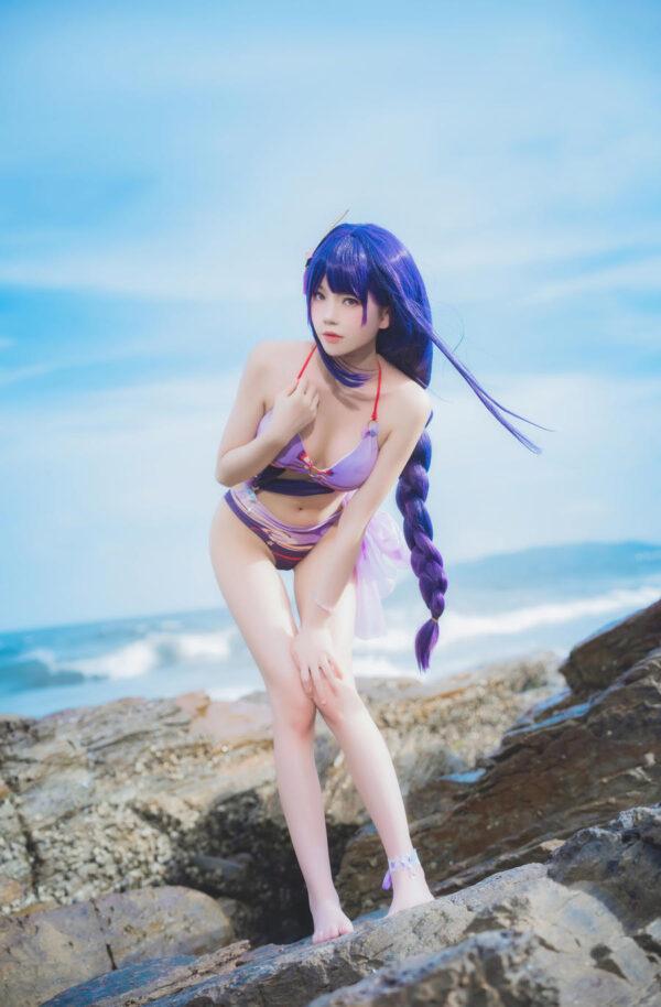 桜桃喵泳装雷电将军cos作品赏析|海岸之上永恒也有夏日形态