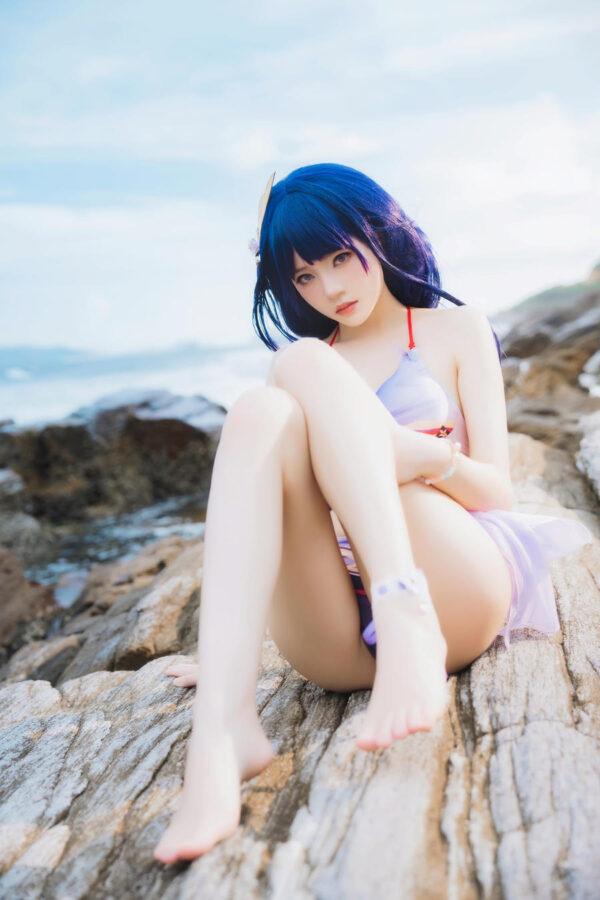 桜桃喵泳装雷电将军cos作品赏析|海岸之上永恒也有夏日形态
